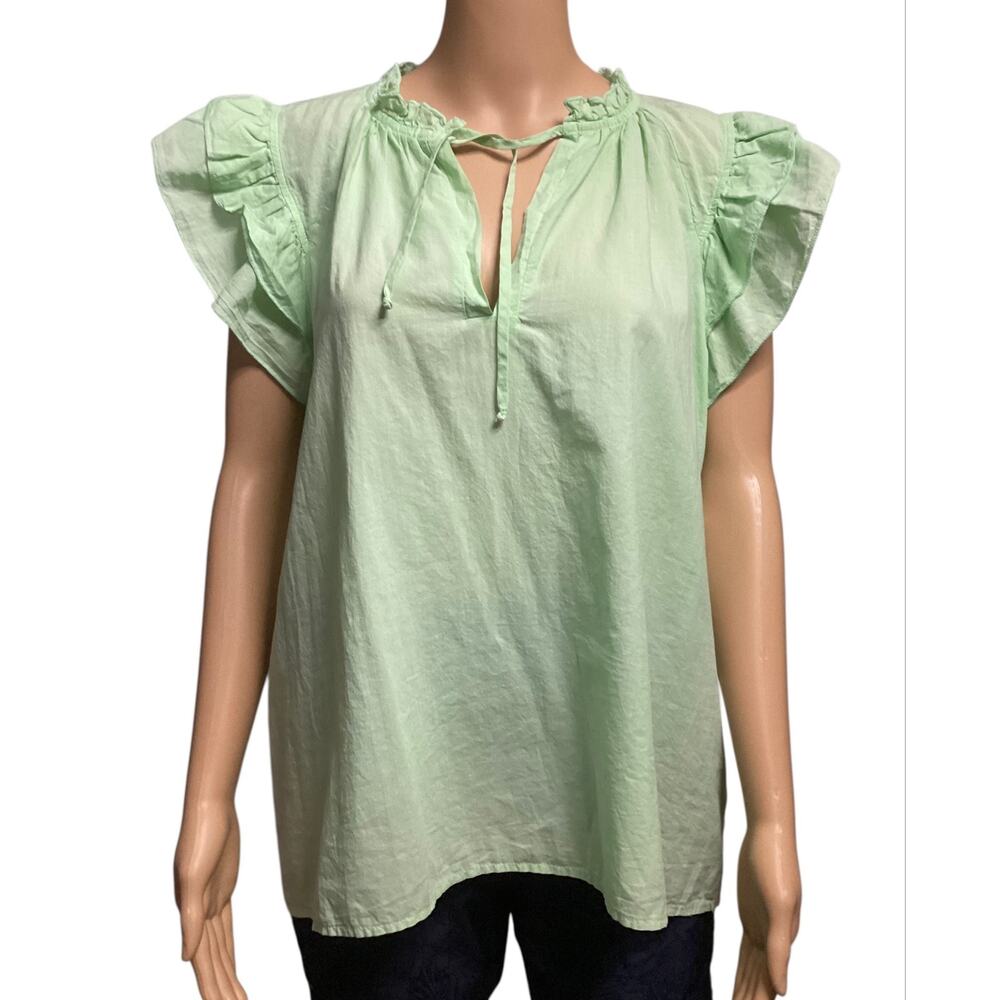STARK X Mint Green 100% Cotton Poplin Dreamy Ruffle Sleeve Top Split V-Neck sz S